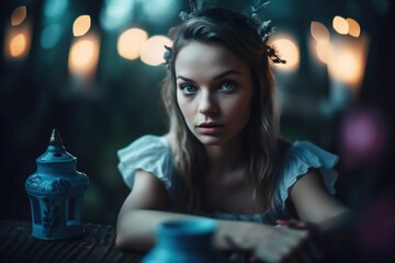 Alice in Wonderland. Cheshire cat white rabbit, Alice in blue dress drink tea. Alice through the Looking Glass. Generative AI