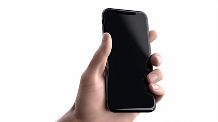 Hand holding black smartphone with thumbs up gesture, isolated on white background Generative AI