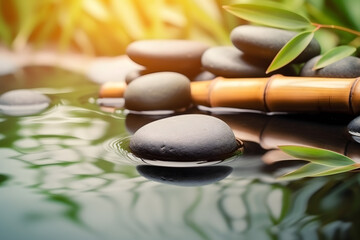 Fototapeta na wymiar Spa still life with bamboo and zen stones with water surface. Generative AI