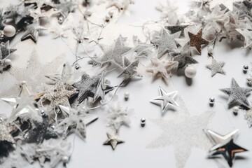 Festive holiday decoration featuring silver stars and a glittery frame on a white background. Generative AI