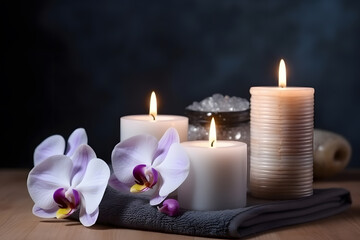 Fototapeta na wymiar Spa still life with aromatic candles, zen stones, plants and orchids flower. Generative AI