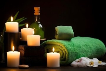 Spa still life with aromatic candles, zen stones, plants and towel. Generative AI