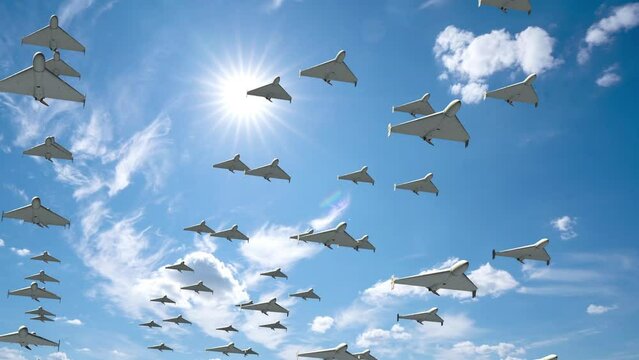 Armada of military drones flying against the backdrop of a beautiful cloudy sky.