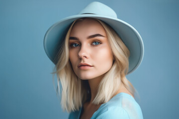 Portrait of a beautiful woman with straight blonde hair, wearing a sky blue hat against a clear sky blue background, generative ai