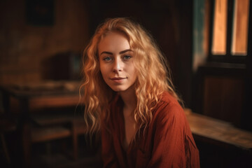 Portrait of a beautiful woman with wavy blonde hair wearing a brick-red blouse, sitting on a wooden bench in a cozy interior, generative ai