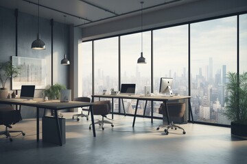 Contemporary coworking office with blank banner, city view window, furniture, equipment. Ideal workspace for businesses. Rendered. Generative AI