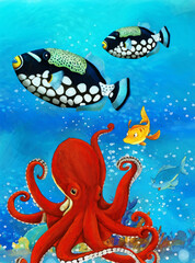 cartoon scene animals swimming on colorful and bright coral reef - illustration for children