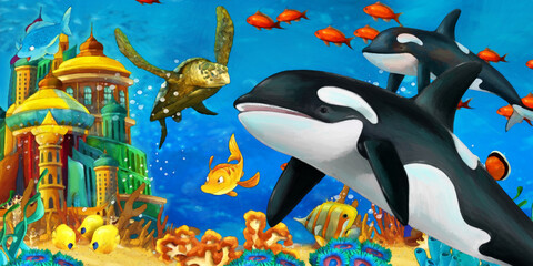 Naklejka premium cartoon scene animals swimming on colorful and bright coral reef - illustration for children