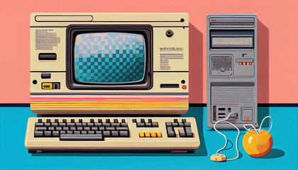 Vintage desktop PC design retro style background. Futuristic Vintage desktop PC, game 90s. Generative AI.