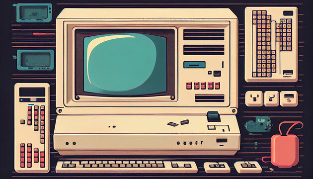 Vintage desktop PC design retro style background. Futuristic Vintage desktop PC, game 90s. Generative AI.