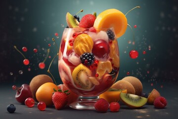Fototapeta na wymiar Illustrated fruit cocktail with mixed fruits. Generative AI