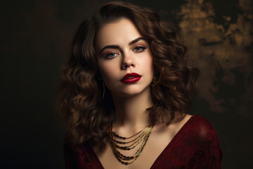 portrait of a fascinating woman with chocolate brown hair falling in loose waves, wearing a deep red lipstick and a delicate gold chain necklace, generative ai