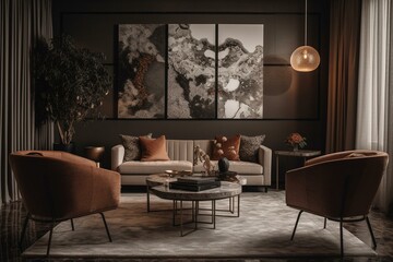 A muted living room with seated armchairs and wall decor. Generative AI
