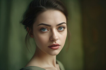 Naklejka premium Portrait of a graceful woman with delicate features and gentle eyes against a light olive green background, projecting serenity and elegance, generative ai