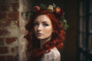 Fototapeta premium portrait of a graceful woman with flowing dark red hair, adorned with a delicate floral headband and standing in front of a rustic brick wall with a dark red hue, generative ai