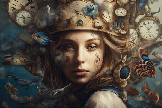 Alice in Wonderland. Cheshire cat white rabbit, Alice in blue dress drink tea. Alice through the Looking Glass. Generative AI