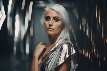 Obraz premium Portrait of a stunning silver-haired woman in a shimmering metallic dress against a futuristic silver background, generative ai