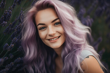 Naklejka premium Portrait of a stunning woman with flowing lavender hair and a radiant smile against a lavender background, exuding confidence and beauty, generative ai