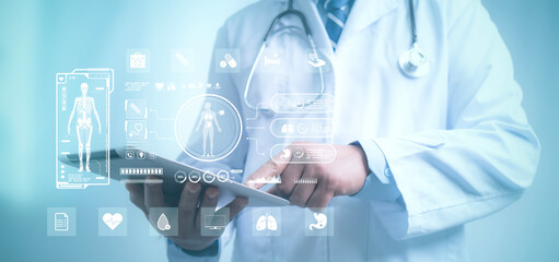 Doctor work with experiences a virtual interface with human body analysis. Digital healthcare and...