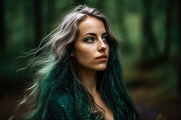 Portrait of a stunning woman with long and flowing hair in shades of forest green and emerald, set against a background of shimmering forest green glitter, generative ai