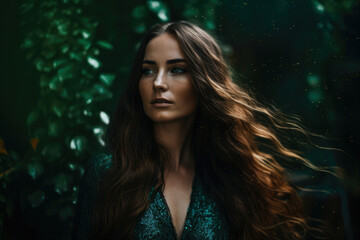 Portrait of a stunning woman with long and flowing hair in shades of forest green and emerald, set against a background of shimmering forest green glitter, generative ai