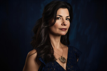 Portrait of a stunning woman with long black hair, wearing a navy blue velvet gown and gold jewelry, standing in front of a navy blue textured background, generative ai