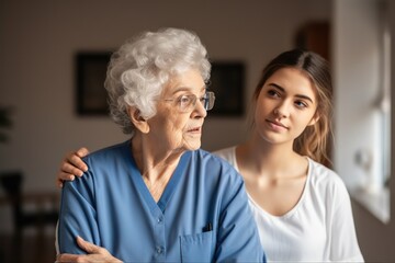 Fototapeta na wymiar Female Caregiver assisting senior woman. Generative AI