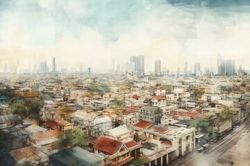 Impressionist watercolor illustration of Bangkok cityscape. Generative AI