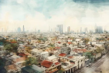 Papier Peint photo Lavable Peinture d aquarelle gratte-ciel Impressionist watercolor illustration of Bangkok cityscape. Generative AI