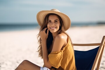 Happy attractive young woman sitting at the beach. Generative AI