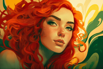 Obraz na płótnie Canvas Portrait of a vibrant woman with flowing garnet-colored hair and bright emerald eyes against a sunny yellow background, radiating energy and positivity, generative ai