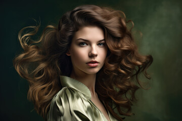 Portrait of an enchanting woman with cascading waves of hair and striking features against a light olive green background, projecting grace and allure, generative ai