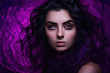 Naklejka premium Portrait of an enchanting woman with mesmerizing purple eyes and flowing black hair against a vibrant purple background, generative ai