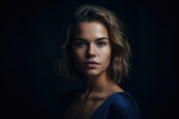 Powerful and confident portrait of a beautiful woman with a dark blue background and a strong gaze that exudes strength and determination, generative ai
