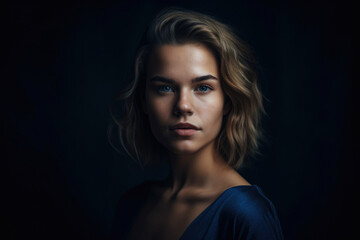 Fototapeta premium Powerful and confident portrait of a beautiful woman with a dark blue background and a strong gaze that exudes strength and determination, generative ai