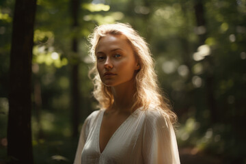 Naklejka premium Radiant woman with a light tan complexion and blonde hair wearing a white dress and standing in a green forest with rays of sunlight breaking through the trees, generative ai