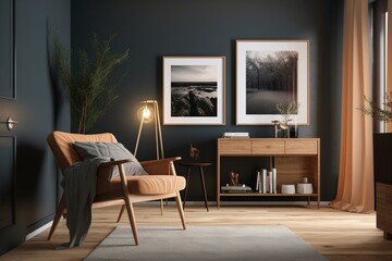 Poster frames placeholder in contemporary room with wood accents and cozy chair. 3D rendering. Generative AI