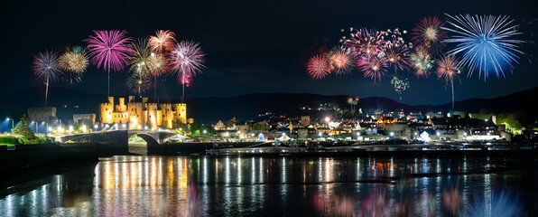 Conwy panorama with Fireworks display in North Wales