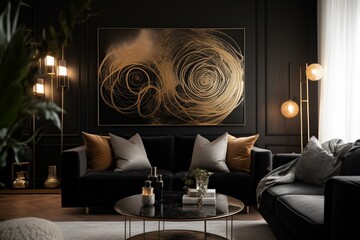 Black and gold abstract art deco painting adorns neutral interior. Generative AI