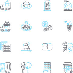 Desserts linear icons set. Cake, Brownies, Cookies, Ice cream, Pudding, Pie, Cheesecake line vector and concept signs. Mousse,Sorbet,Gelato outline illustrations