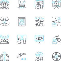 Conference linear icons set. Nerking, Speakers, Education, Sessions, Venue, Program, Registration line vector and concept signs. Keynote,Workshop,Discussion outline illustrations
