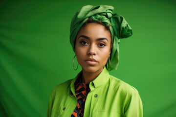 Stunning portrait of a confident woman with a lime green background, showcasing her unique sense of style through a bold and creative wardrobe choice, generative ai
