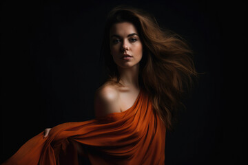 Naklejka premium stunning woman with light brown hair wearing a flowing orange dress posing against a dramatic black background with soft light, generative ai
