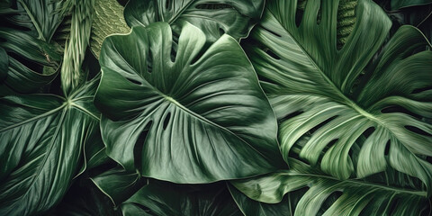Green leaves background, floral tropical pattern for wallpaper, generative AI