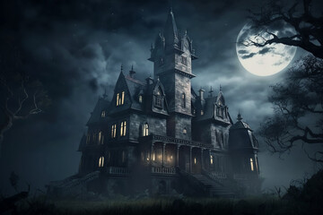 Haunted Gothic castle at night, old spooky mansion un full moon, generative AI.