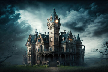 Haunted Gothic castle at night, old spooky mansion under dramatic sky, generative AI.