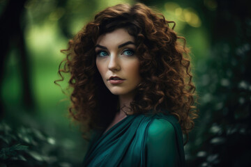 Fototapeta premium stunning woman with piercing blue eyes and cascading curly hair, wearing a form-fitting emerald green dress against a backdrop of verdant trees, generative ai