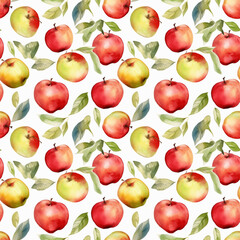 Seamless pattern with many ripe apples on white background in watercolor style. Generative AI.