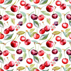 Seamless pattern with many ripe cherries on white background in watercolor style. Generative AI.