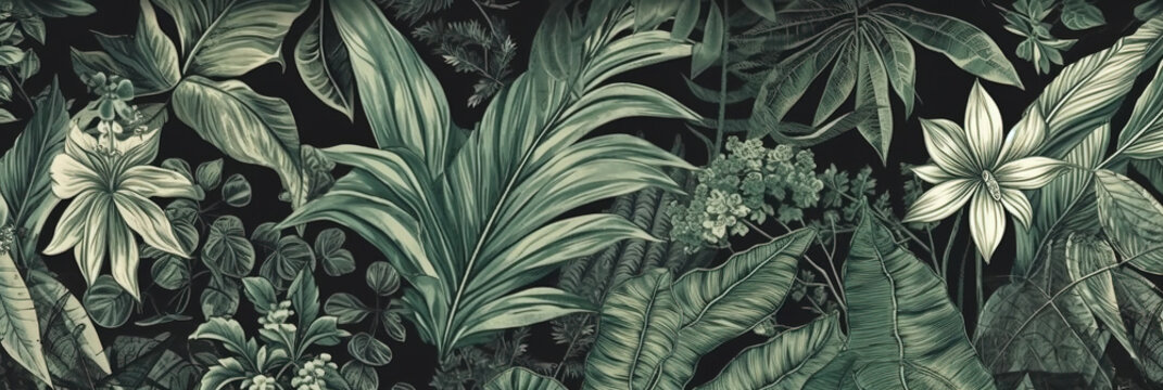 Green leaves background, floral tropical pattern for wallpaper, generative AI.